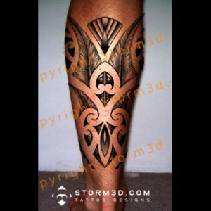 calf-tattoos-with-feathers-and-maori-curves-for-guys